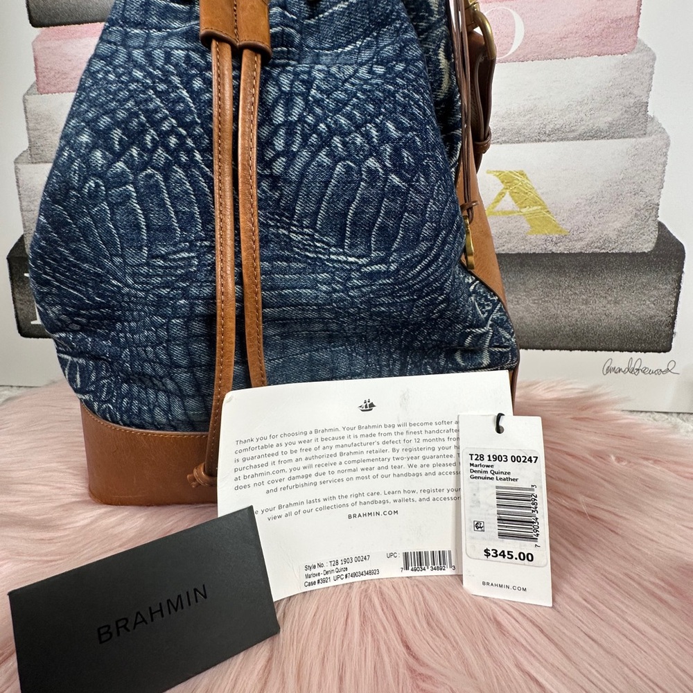 Brahmin Marlowe Blue Denim-Patterned Drawstring bucket Bag - Picture 9 of 10